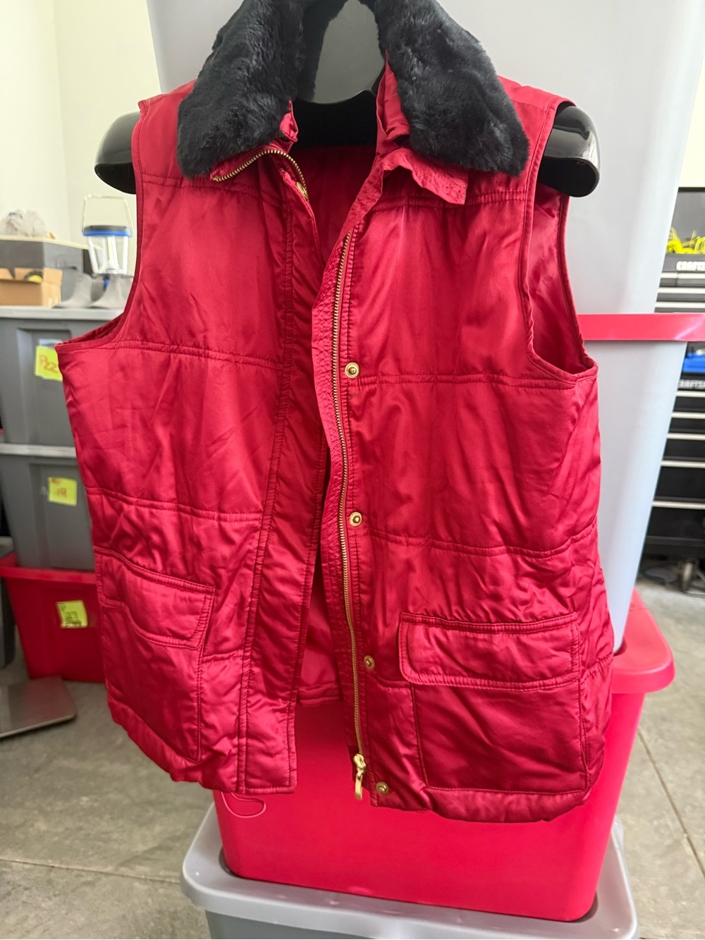 Women's Red Quilted Faux-Fur Collar Vest p58